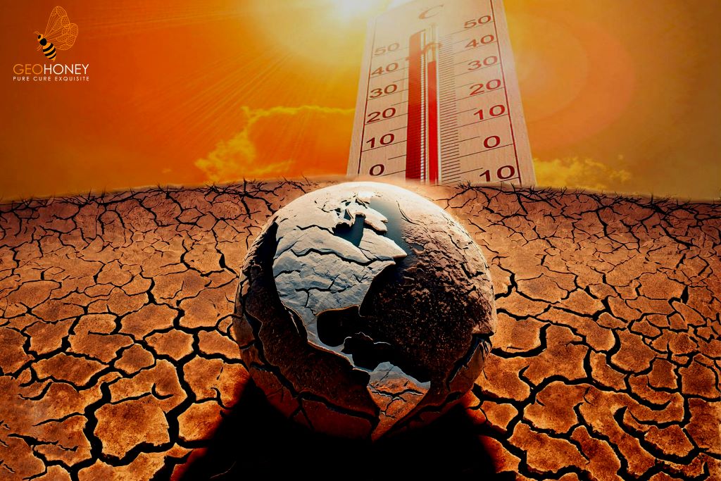 A world map showing temperature rise of 1.5 degrees Celsius and its impact on global climate change.